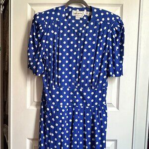 Vintage Women's 16 Karin Stevens Blue w White Polka Dot Dress Rockabilly 80s 90s